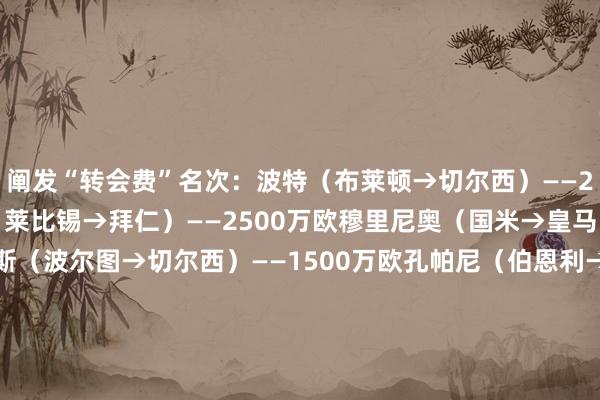 阐发“转会费”名次：波特（布莱顿→切尔西）——2500万欧纳格尔斯曼（莱比锡→拜仁）——2500万欧穆里尼奥（国米→皇马）——1600万欧博阿斯（波尔图→切尔西）——1500万欧孔帕尼（伯恩利→拜仁）——1200万欧弗兰克（布伦特福德→热刺）——1180万欧阿莫林（葡萄牙体育→曼联）——1100万欧罗杰斯（凯尔特东说念主→莱斯特城）——1040万欧阿莫林（布拉加→葡萄牙体育）——1000万欧马雷斯